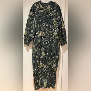 Farm Rio Anthropologie XL Canvas Jumpsuit Coveralls Zip Up Tropical Green